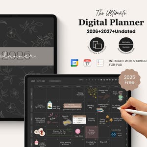 Dark Mode Digital Planner 2025, 2026, 2027, Undated, Minimalist iPad GoodNotes (Digital Download)