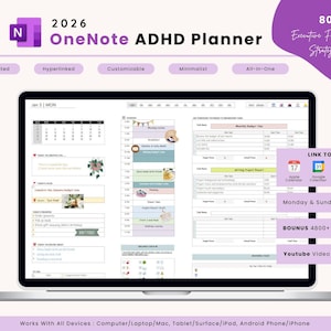 May include: A laptop displaying a digital planner with the text "2026 OneNote ADHD Planner." The planner is dated, hyperlinked, customizable, minimalist, and all-in-one. It includes 80 executive functioning strategies, a link to calendars, and a bonus of 4800+ stickers.