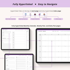 May include: Digital planner interface with a white background and purple accents. The text reads "Fully Hyperlinked" and "Easy to Navigate." The planner includes a mid-year calendar, meeting section, project section, goal section, and index page.