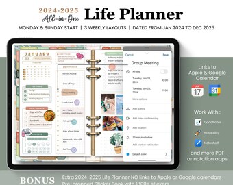 2024 2025 Digital Life Planner, GoodNotes Planner, Weekly Planner, Daily Planner, iPad Planner, Digital Journal, Google & Apple Calendar