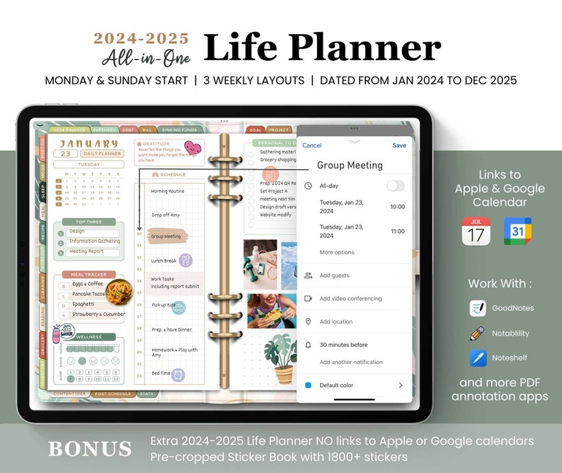 2024 2025 Digital Life Planner, GoodNotes Planner, Weekly Planner, Daily Planner, iPad Planner, Digital Journal, Google & Apple Calendar image 1