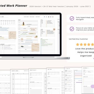 May include: A digital dated work planner displayed on a laptop screen, featuring a 2026 and 2026-2027 mid-year version. The interface includes a calendar, daily schedule, to-do lists, and goal tracking sections with hyperlinked navigation.