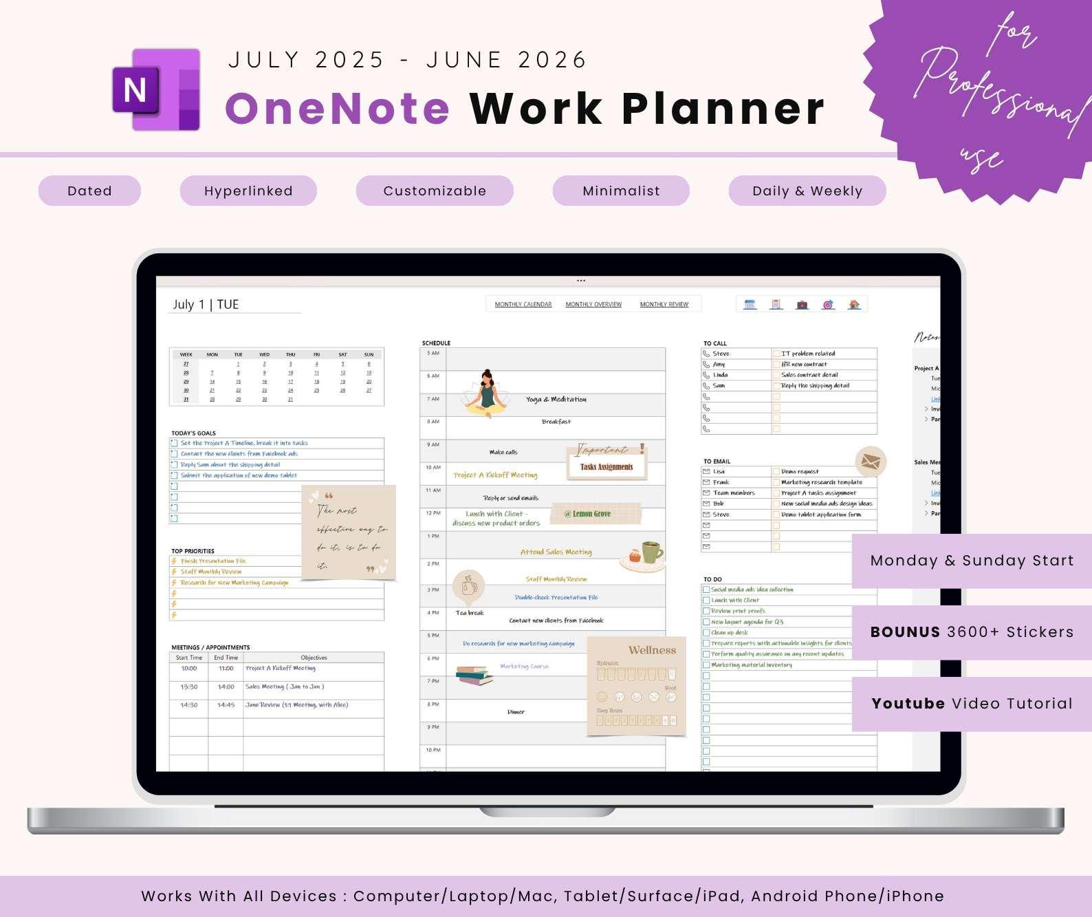 OneNote Planner, Professional Mid Year OneNote Template for Work, for Project Management, Android, iPad, Windows, Mac, Surface Pro, Desktop