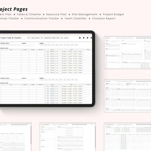 May include: A digital tablet displaying a project management template with the text "Project Pages." The screen shows a detailed task list with columns for status, deadline, and priority. Additional project planning pages are also visible.