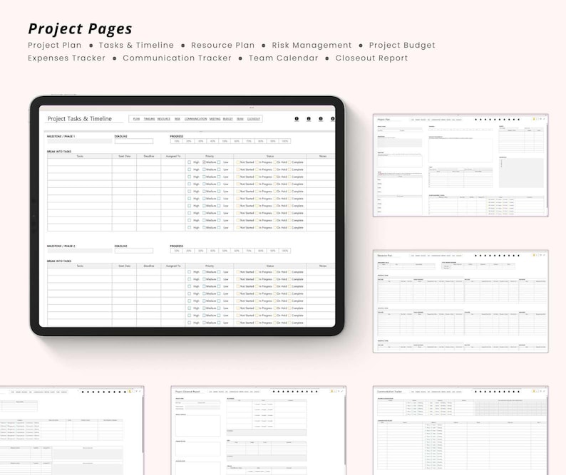 May include: A digital tablet displaying a project management template with the text "Project Pages." The screen shows a detailed task list with columns for status, deadline, and priority. Additional project planning pages are also visible.