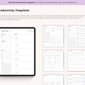 May include: A digital tablet displaying a weekly planner template, surrounded by other productivity templates. The image includes the text "25 Extra Productivity Templates" and a list of planning tools like "Daily Planner" and "Project Planner."