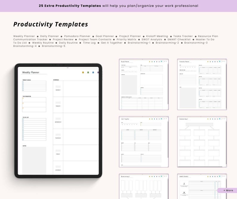 May include: A digital tablet displaying a weekly planner template, surrounded by other productivity templates. The image includes the text "25 Extra Productivity Templates" and a list of planning tools like "Daily Planner" and "Project Planner."