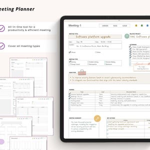 May include: A digital tablet displaying a Meeting Planner template with sections for meeting title, date, attendees, objectives, agenda, and key actions. The screen shows text fields and checkboxes for organizing professional meetings.