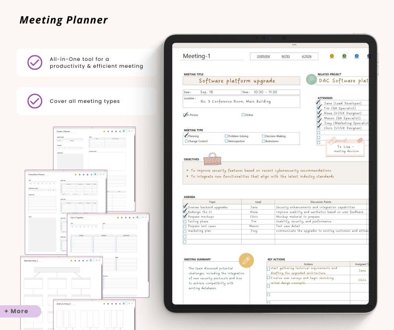 May include: A digital tablet displaying a Meeting Planner template with sections for meeting title, date, attendees, objectives, agenda, and key actions. The screen shows text fields and checkboxes for organizing professional meetings.