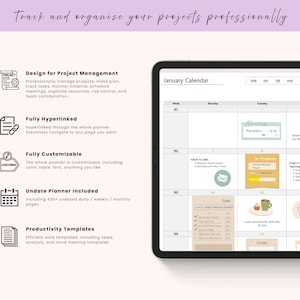 May include: A digital planner displayed on a tablet, featuring a January calendar view. The planner includes sections for tasks, meetings, and project management. Text on the screen reads "Track and organize your projects professionally."