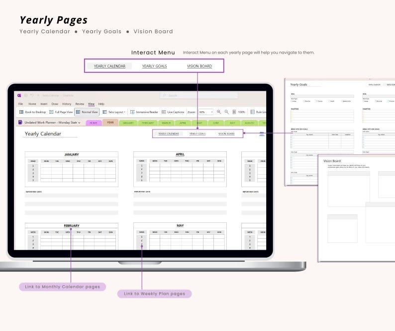 May include: A laptop screen displaying a digital planner with the text "Yearly Pages." The planner includes sections for a yearly calendar, goals, and a vision board. The interface has interactive menus and links to monthly and weekly plans.