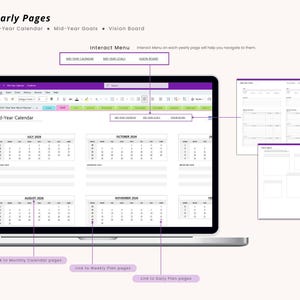 May include: A laptop screen displaying a digital planner with a purple header. The planner includes a mid-year calendar, mid-year goals, and a vision board. The screen shows monthly calendars for July, August, October, and November. Text on the screen reads "Yearly Pages".