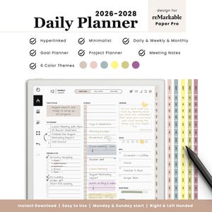 May include: A digital daily planner for reMarkable Paper Pro labeled 2026-2028. The interface displays a schedule, to-do list, and goal tracking sections. A black stylus rests on the side. The layout includes hyperlinked tabs and six color themes.