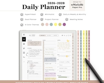 2026 2027 2028 Daily Planner for Remarkable Paper Pro: Minimalist, Productivity, Weekly, Monthly (PDF)