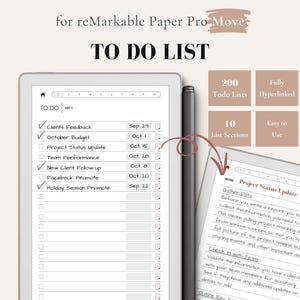 May include: Digital to-do list for reMarkable Paper Pro Move. The image shows a tablet with a to-do list, a stylus, and a second tablet with notes. The to-do list includes sections for clients, budget, and project updates. Additional features include 200 to-do lists, 10 list sections, and easy to use.