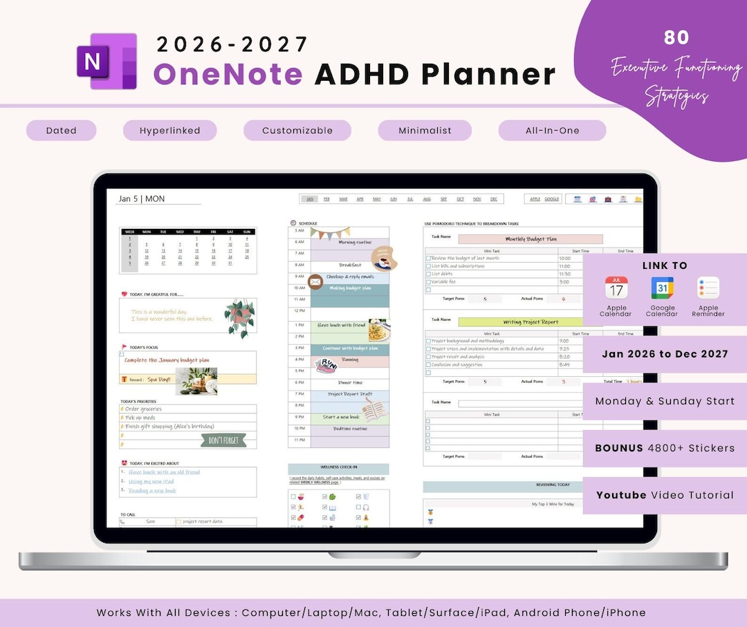 Onenote 2027 Tutorials 2026 2027 Onenote ADHD Planner: Focus Productivity Self-care Templates ...