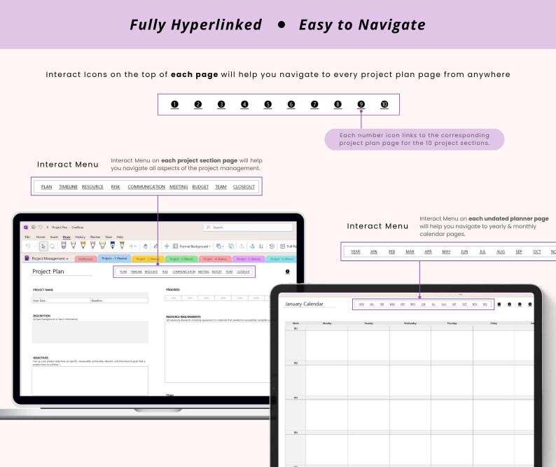 May include: A digital project management planner displayed on a laptop and tablet. The laptop screen shows a project plan with interactive menus and icons. The tablet displays a monthly calendar. Text includes "Fully Hyperlinked" and "Easy to Navigate."