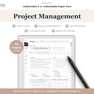 Puede incluir: Una plantilla digital de gestión de proyectos para tabletas reMarkable 2 y reMarkable Paper Pro. La interfaz muestra un plan de proyecto con secciones para tareas, recursos y control de costes. Incluye 20 proyectos, está totalmente hipervinculada y es apta para diestros y zurdos. Un lápiz óptico negro descansa sobre la pantalla.