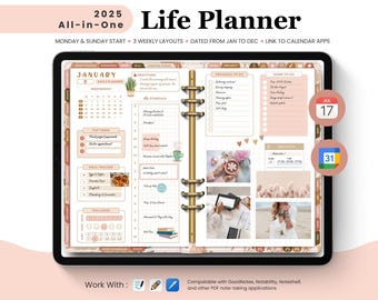All in One Life Planner, 2025 Digital Planner,Boho Digital Planner,Daily Planner,iPad Planner,GoodNotes Planner,Google & Apple Calendar