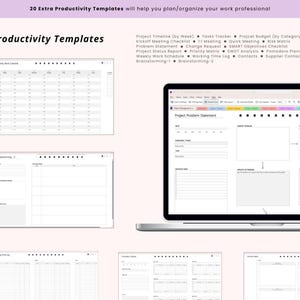 May include: A digital display of productivity templates, including project timelines, task trackers, and budget planners. The image showcases a laptop screen and several smaller displays with various organizational layouts. Text at the top reads: "20 Extra Productivity Templates".