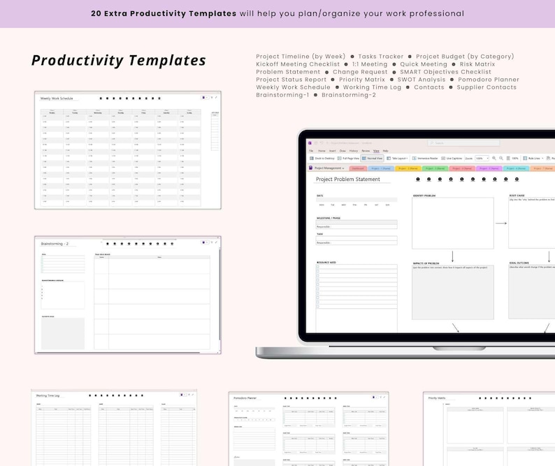 May include: A digital display of productivity templates, including project timelines, task trackers, and budget planners. The image showcases a laptop screen and several smaller displays with various organizational layouts. Text at the top reads: "20 Extra Productivity Templates".
