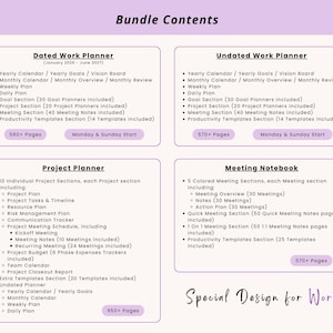 May include: A digital bundle contents overview featuring four sections: Dated Work Planner, Undated Work Planner, Project Planner, and Meeting Notebook. Each section lists specific page counts, templates, and organizational features in black text on a light purple background.