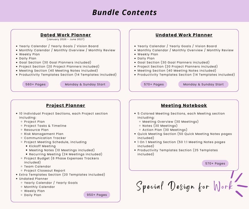 May include: A digital bundle contents overview featuring four sections: Dated Work Planner, Undated Work Planner, Project Planner, and Meeting Notebook. Each section lists specific page counts, templates, and organizational features in black text on a light purple background.