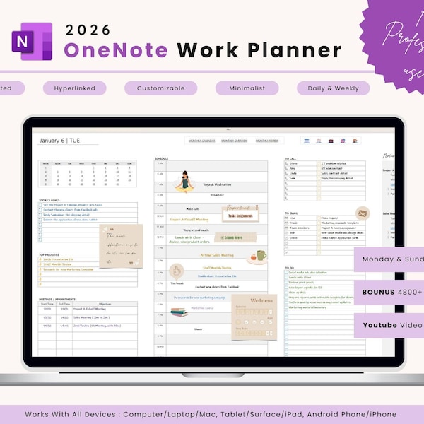 OneNote Work Planner 2026: professionele sjablonen voor werk (digitale download)