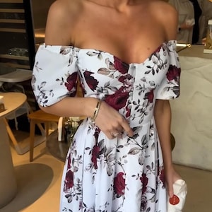 White Floral Print Dress for Women Off Shoulder Dress Cotton Dress Puff Short Sleeve Dress Romantic Date Dress Floral Elegant Summer Dress