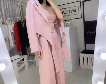 Dusty Pink Pantsuit for Women 3 Piece Set Asymmetric Tie Crop Blazer Deep V Neck Top Palazzo Pants Wedding Guest Suit Formal Event Suit Set