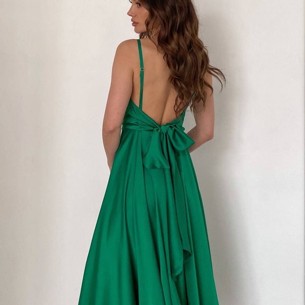 Green Silk Midi Dress Deep V Neck Open Back Belt Bow Fitted Flared Skirt Romantic Date Holiday Party Wedding Guest Special Occasions Dress