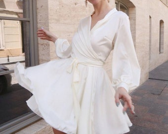 white silk wrap dress