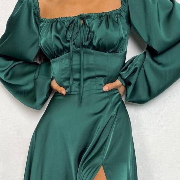 Green Emerald Silk Floor Dress for Women Sexy Flowy Off Shoulder High Slit Dress Holiday Party Birthday Girl Prom & Special Occasions Dress