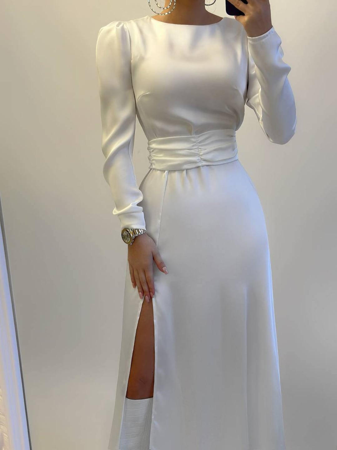 White Satin Gown for Women Deep V Back Dress Elegant Ankle Dress ...