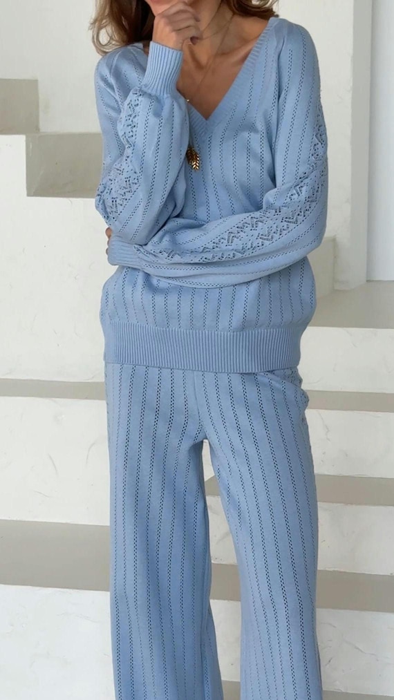 grey sweater blue dress pants Medium Grey Contrast Trim Half Sleeve Top Drawstring Pants Loose 2pcs – Blue  Zone Planet main image 1