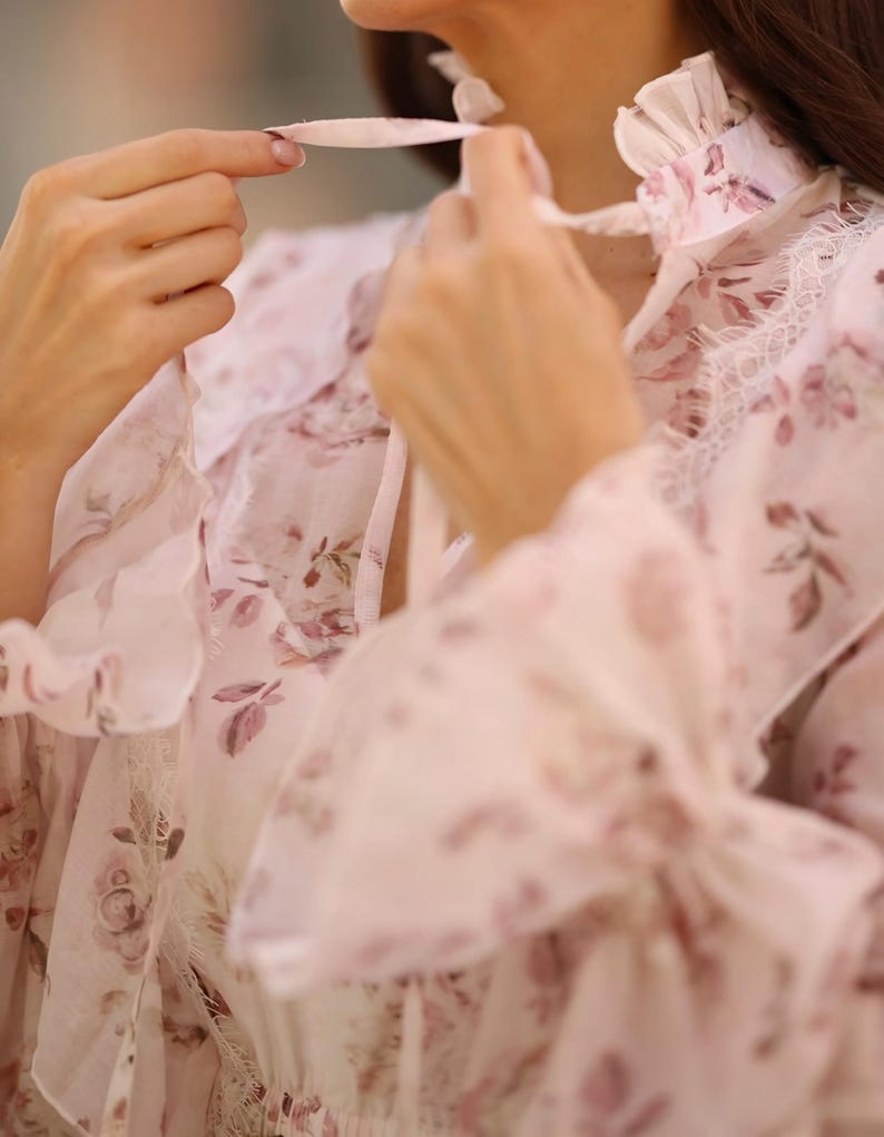 Floral Tencel Mini Dress French Lace Ruffled Cottagecore Romantic Pink Long Sleeve Dress Flounce High Neck Dress Boho Summer Outfit image 9