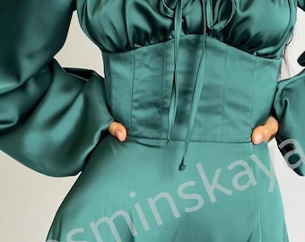 Emerald Green Silk Dress: Off Shoulder High Slit Party Gown