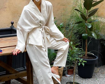 Milky Boho Linen Suit Oversized Belted Kimono Jacket and Pants   Pajama Style Summer Elegant Casual Suit for Everyday and Special Occasions