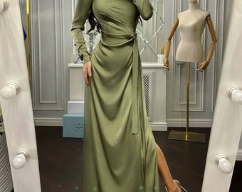 Olive Silk Dress for Women Maxi Dress High Slit Dress Romantic Date Dress Bachelorette Dress Wedding Guest Dress Prom Dress Bridesmaid Dress