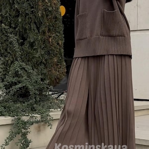 Chocolate Knitted Suit: Merino Cotton Blend Turtleneck & Pleated Culottes