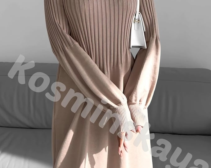 THE KNITTED LONG SLEEVE DRESS - ESPRESSO