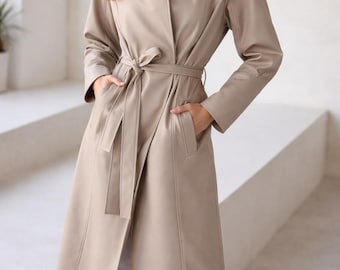 Women's Beige Faux Leather Trench Coat, Minimalist Belted Vegan Jacket