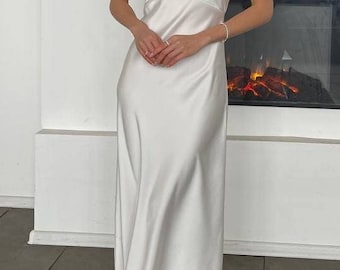 White Satin Slip Ankle Gown for Women Bustier Satin Dress Wedding Dress Prom Dress Bridal Satin Gown Romantic Date Slip Bridesmaid Silk Gown