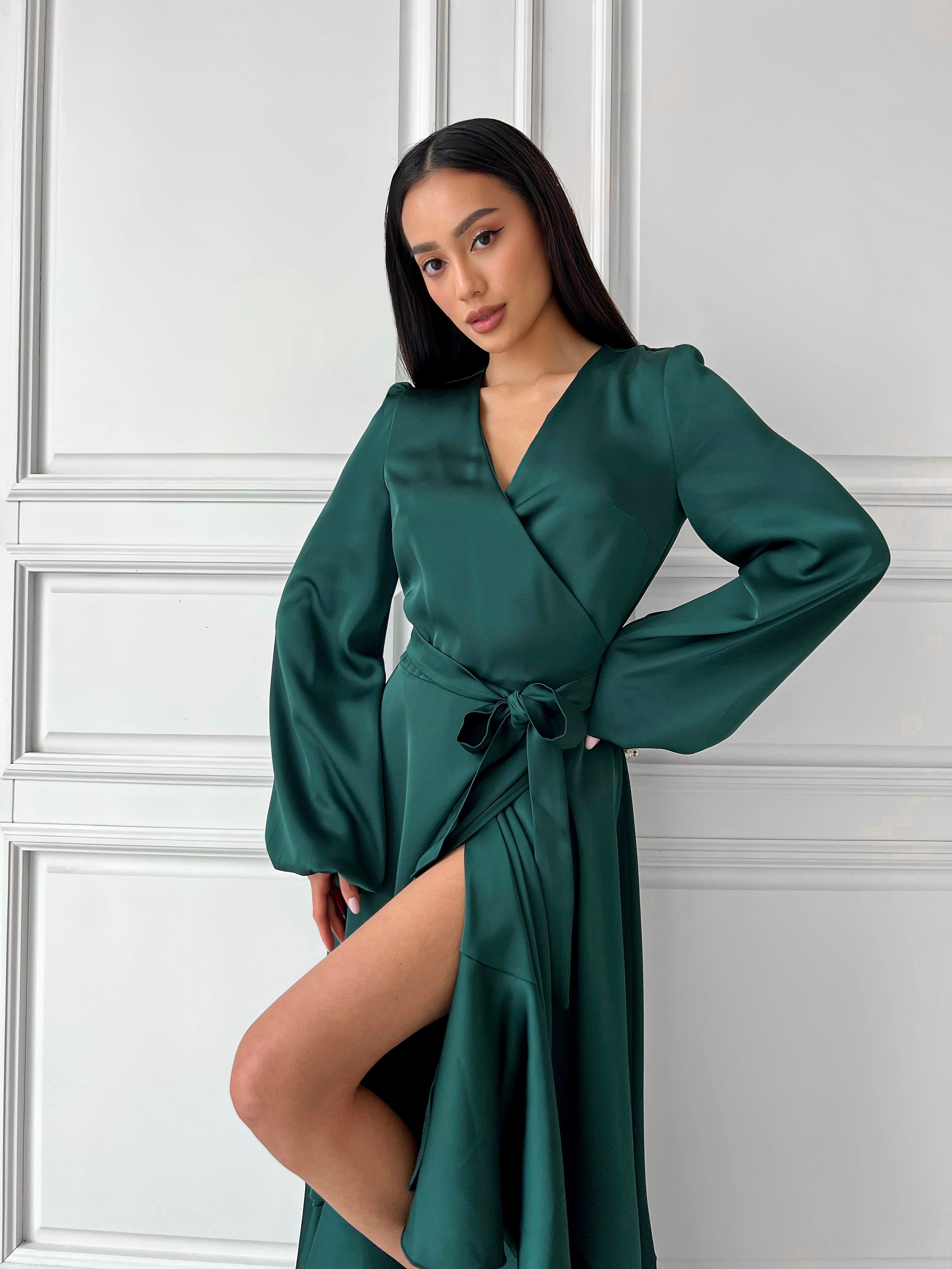 knee length dresses for ladies Dark Green Wrap Satin Dress With Flutter Sleeves main image 0