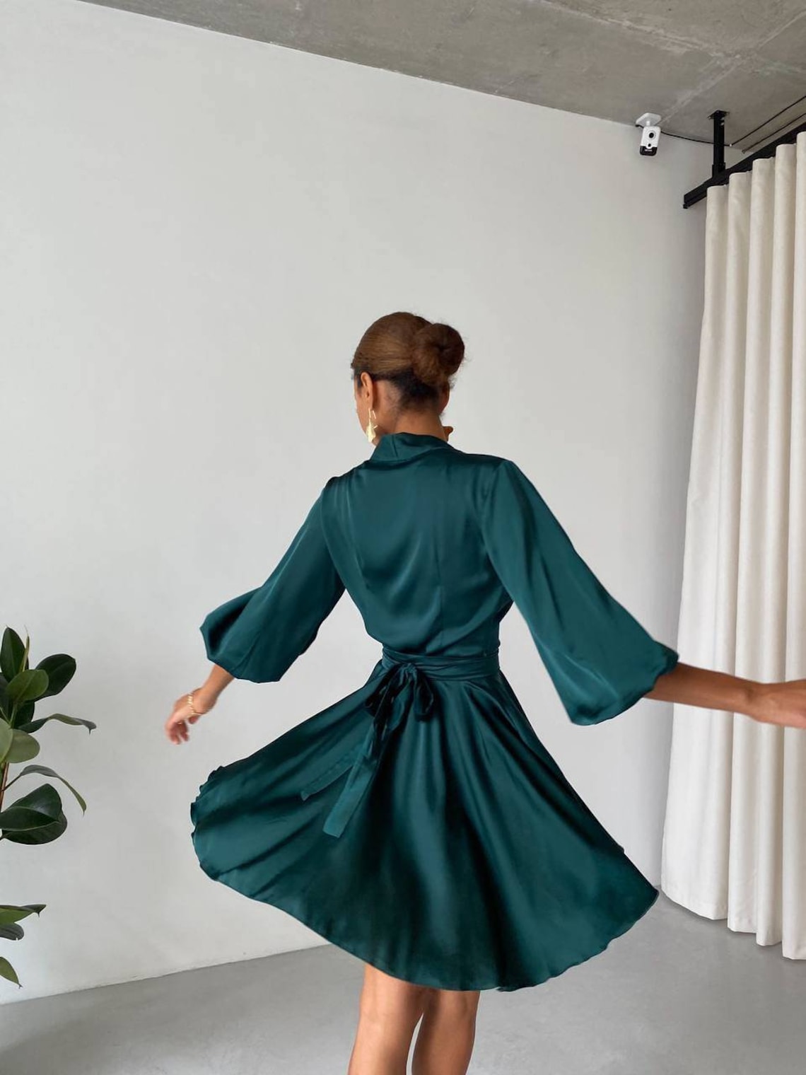 green silk wrap dress