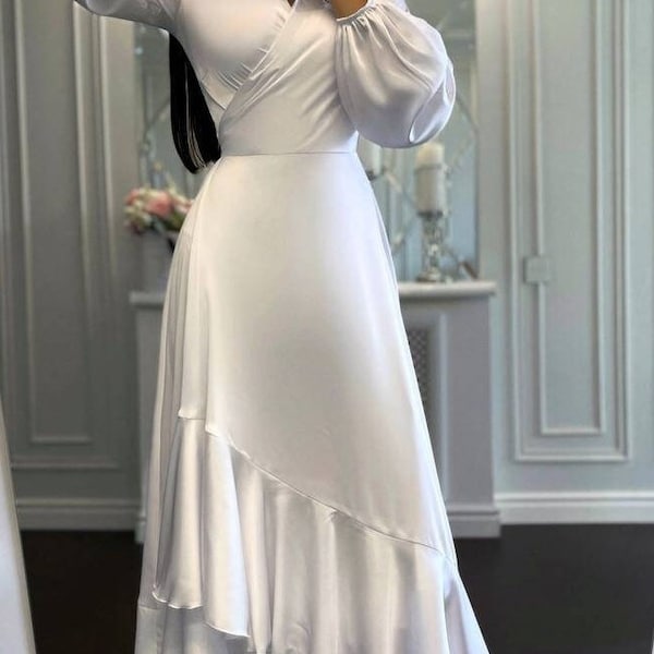 Robe portefeuille en soie blanche pour femme Robe longue élégante à volants Robe asymétrique Robe de mariée Robe de demoiselle d'honneur Robe de soirée Robe de soirée en soie