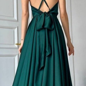 Emerald Green Silk Midi Dress for Women Deep V Neck Dress Sexy Open Back Dress Bow Belt Maxi Dress Wedding Guest Dress Romantic Date Dress