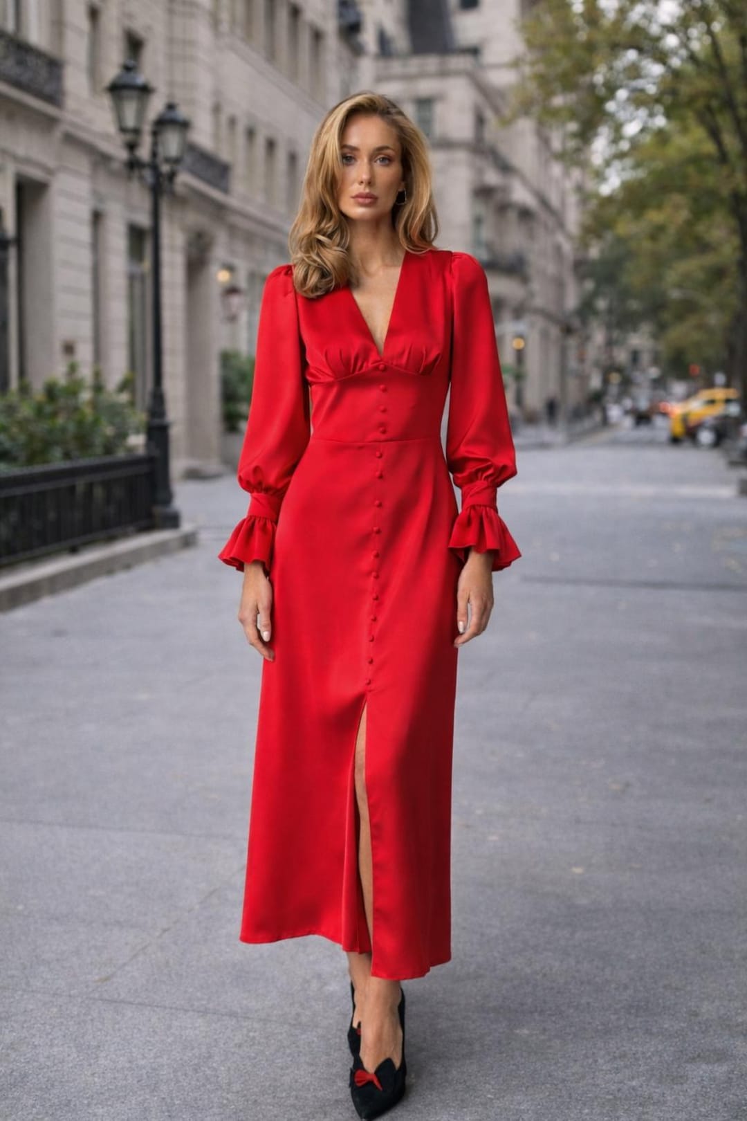 red long sleeve silk dress Red Silk Midi Dress: Deep V-neck, Long Sleeve, Front Slit