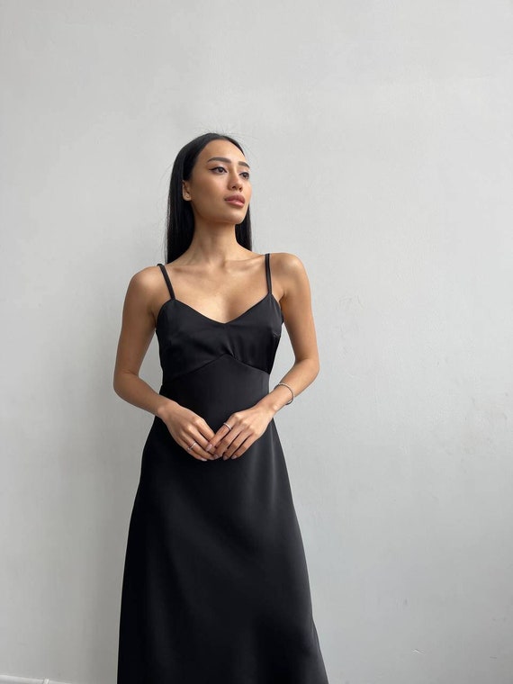 Black Satin Slip Dress for Women Elegant Ankle Dress Bachelorette Dress  Prom Dress Romantic Date Dress Evening Satin Gown Bithday Day Dress 