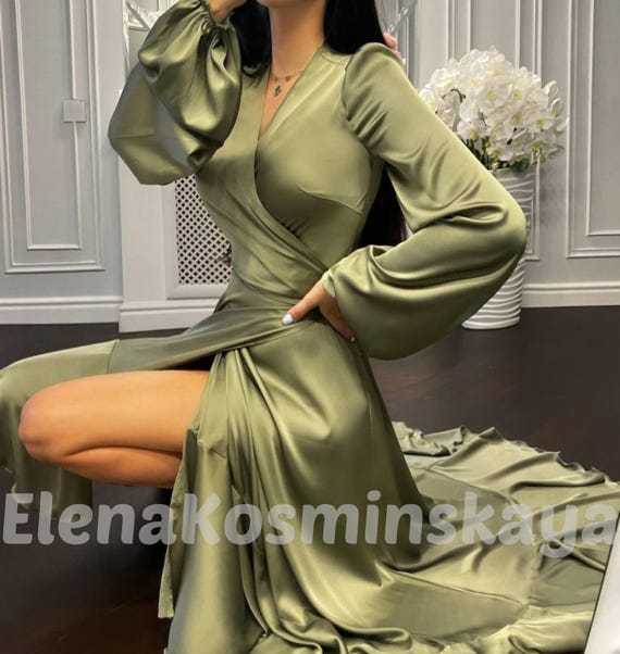 olive green satin wrap dress Olive green silk wrap dress